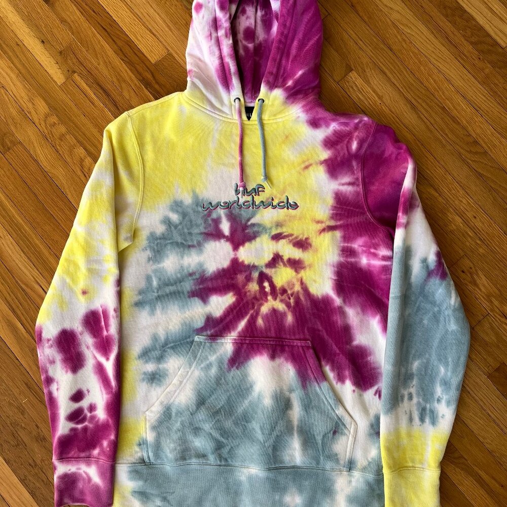 HUF Chemistry Hoodie Men's White Pink Yellow Activewear Tie Dye Casual Small